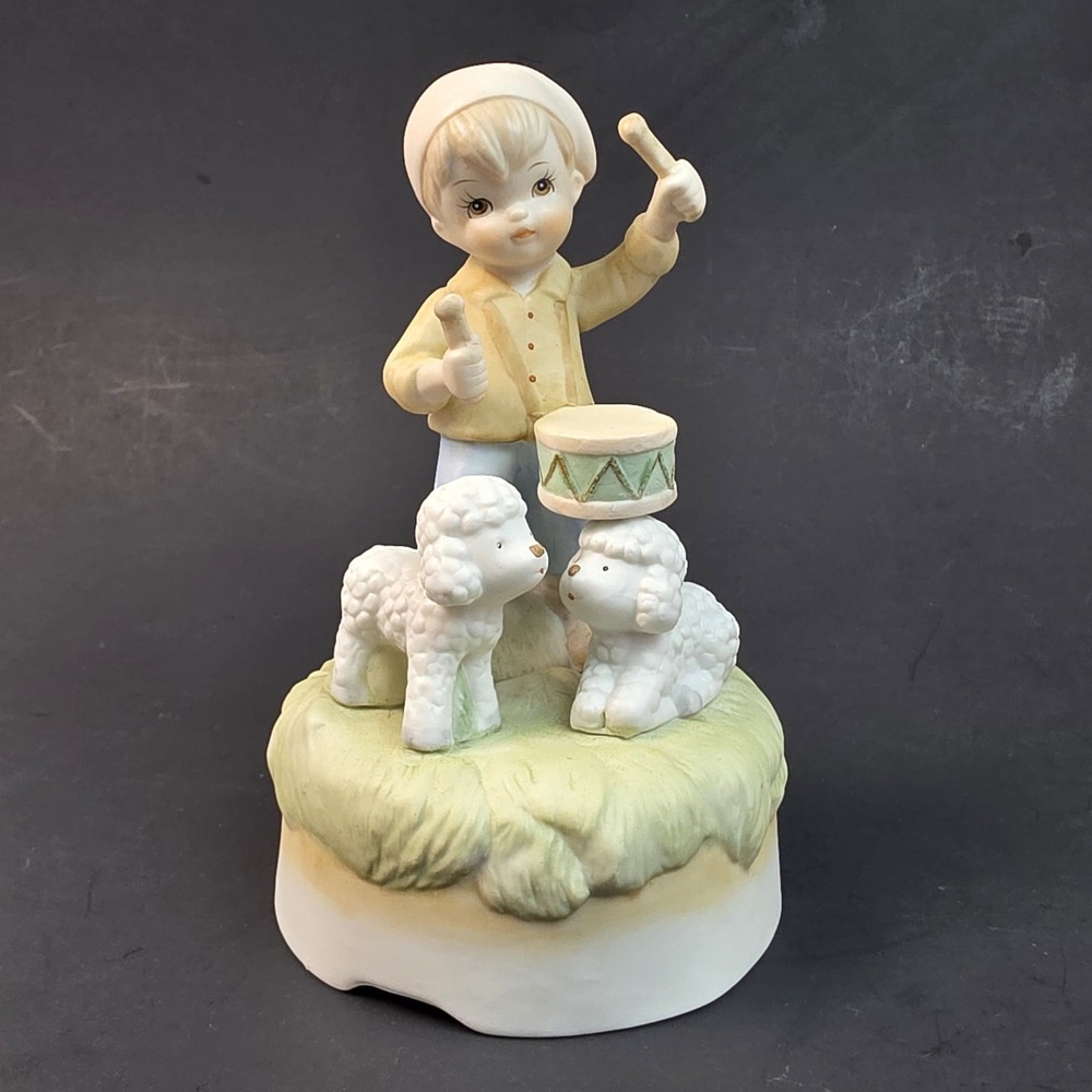 Vintage 1982 Lefton China Boy with Drum and Lambs Musical Figurine 03853 6 Inch